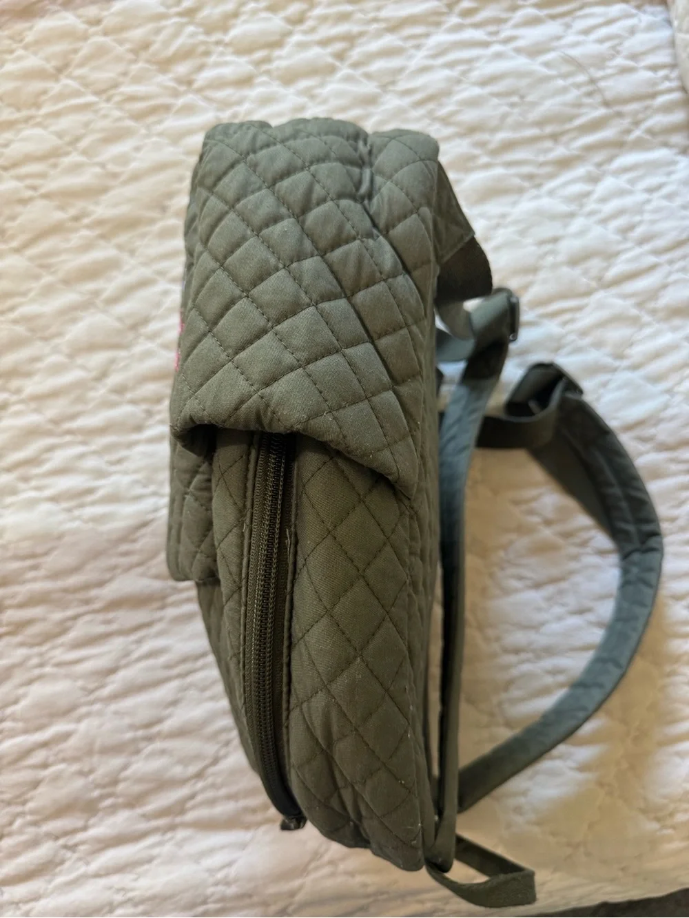 Vera Bradley Olive Green Quilted Backpack with Tinker Bell Floral Embroidery